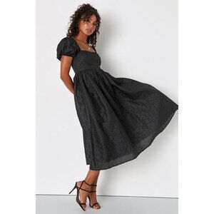 Lulus Adorable Mood Black Floral Jacquard Puff Sleeve Babydoll Dress - Size M